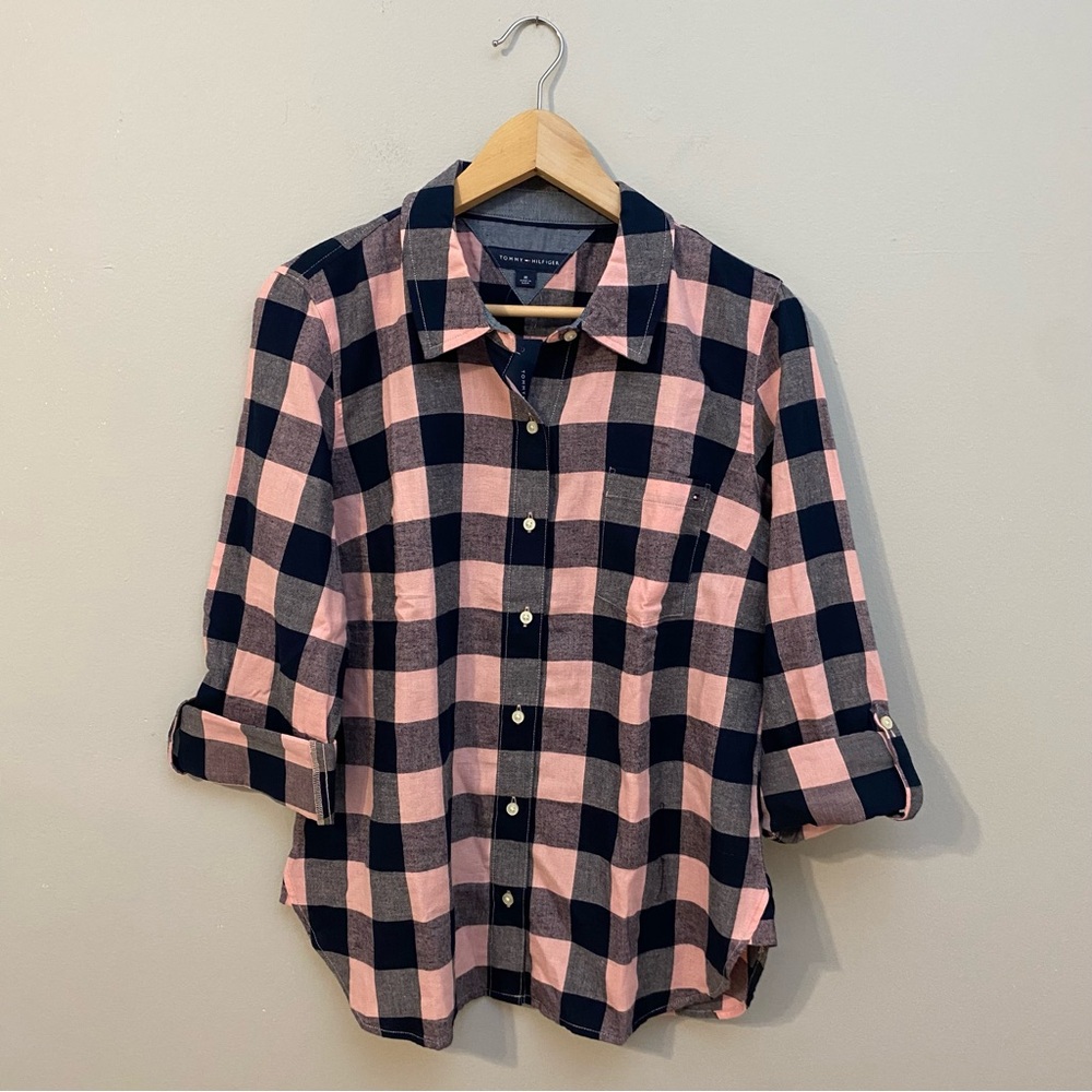 Tommy Hilfiger Plaid Button Down Shirt Pink Navy Check Women’s M